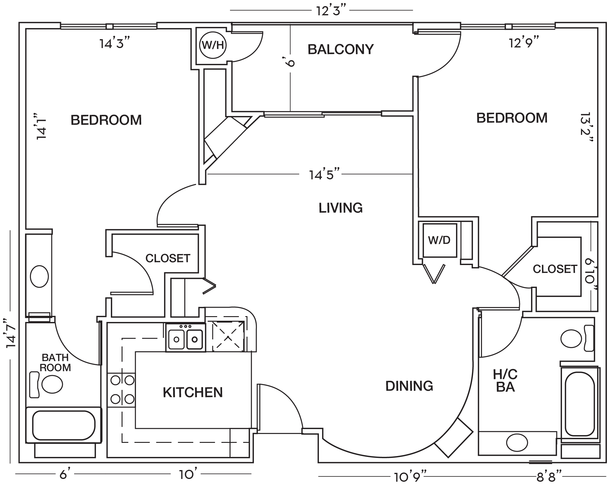 Floor plan for 2 beds, 2 baths, 1089 sqft